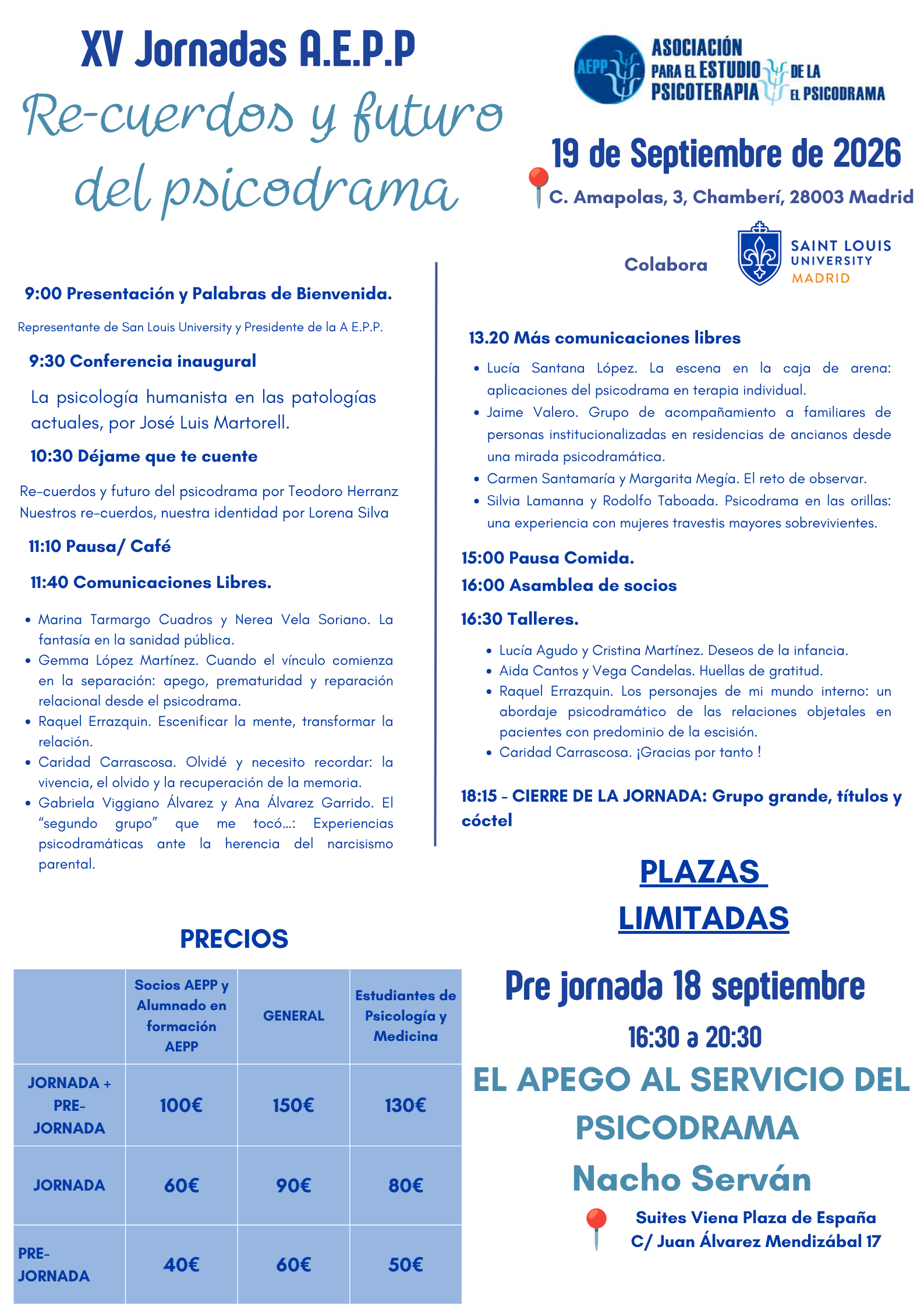 Cartel de las XV Jornadas A.E.P.P. Re-cuerdos y futuro del psicodrama, 19 de septiembre de 2026